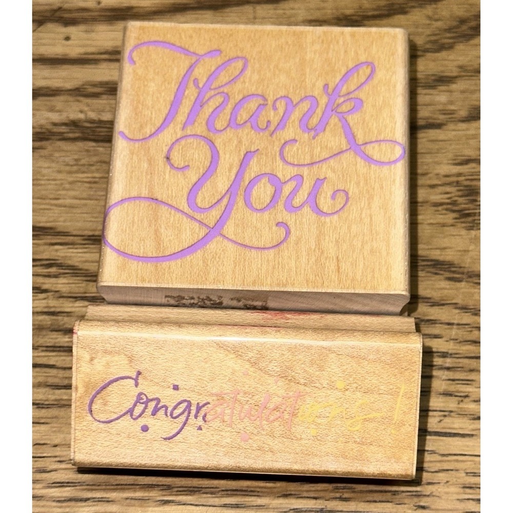 Vintage 90's Hero Arts Wood Mounted Rubber Stamp Thank You Congratulations Set 2